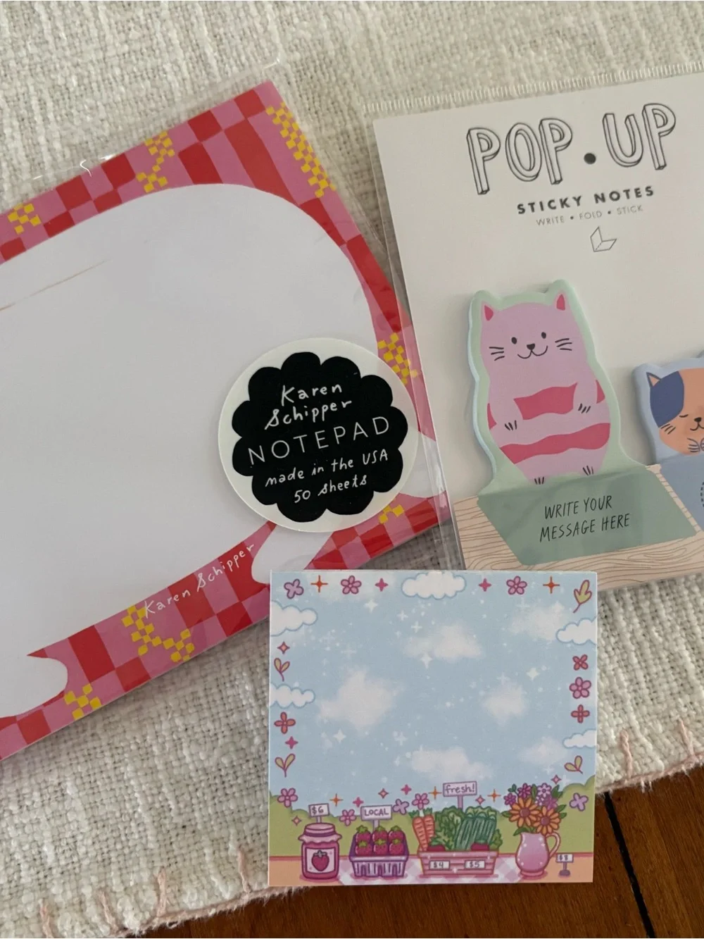 Karen Schipper Pink Plaid Notepad + Cat Pop-Up Sticky Notes